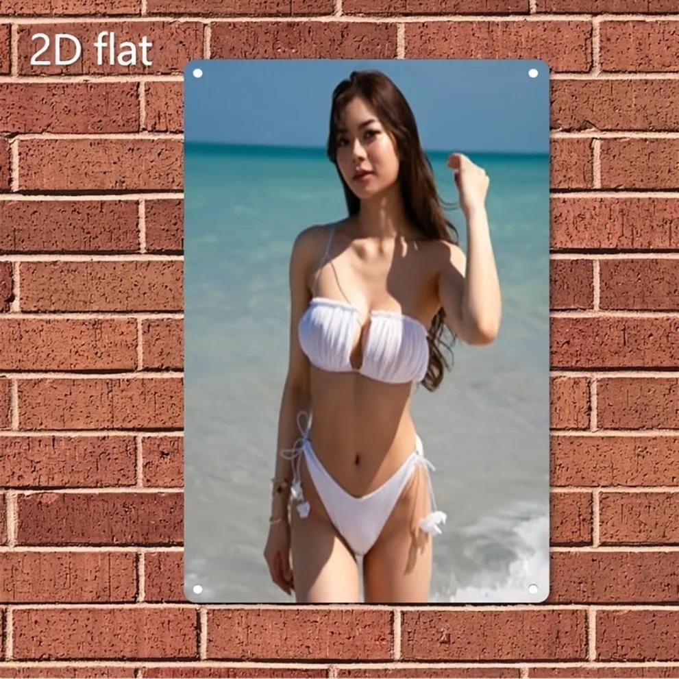 Hisun Tin Sign HD Metal Tin Sign Beautiful Asian Girl In White Bikini On Beach Vintage Retro Wall Decor for Home Bar Pub