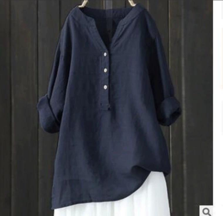 Women's Summer Solid Color Loose Plus Size Shirt Mid-length Buttons V-neck Comfortable Blouse