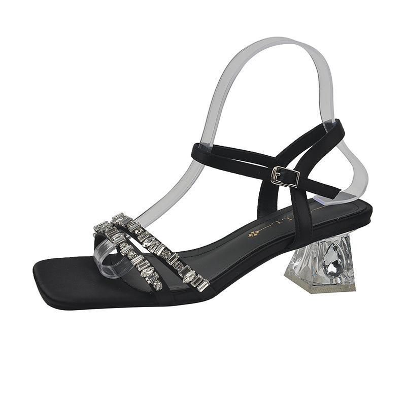 

Fashion High Heels Sandals Womens Rhinestone Straight Strap Transparent Sandals Women Crystal Heels Chubby Feet Plus Size Women s Shoes 35
