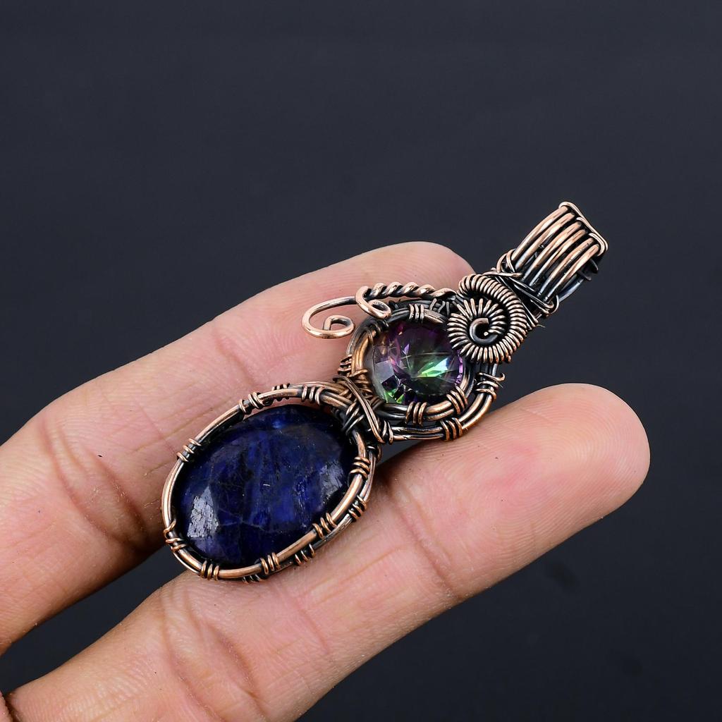 Blue Sapphire Pendant, Handmade Gemstone Pendant, 999 Copper Wire Wrapped Pendant Antique Jewelry, For Engagement Gift