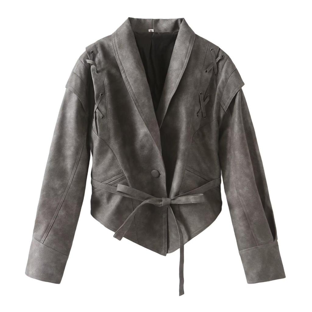 Spring 2025 Women's Retro Shawl Collar Leather Jacket with Belt - European & American Style