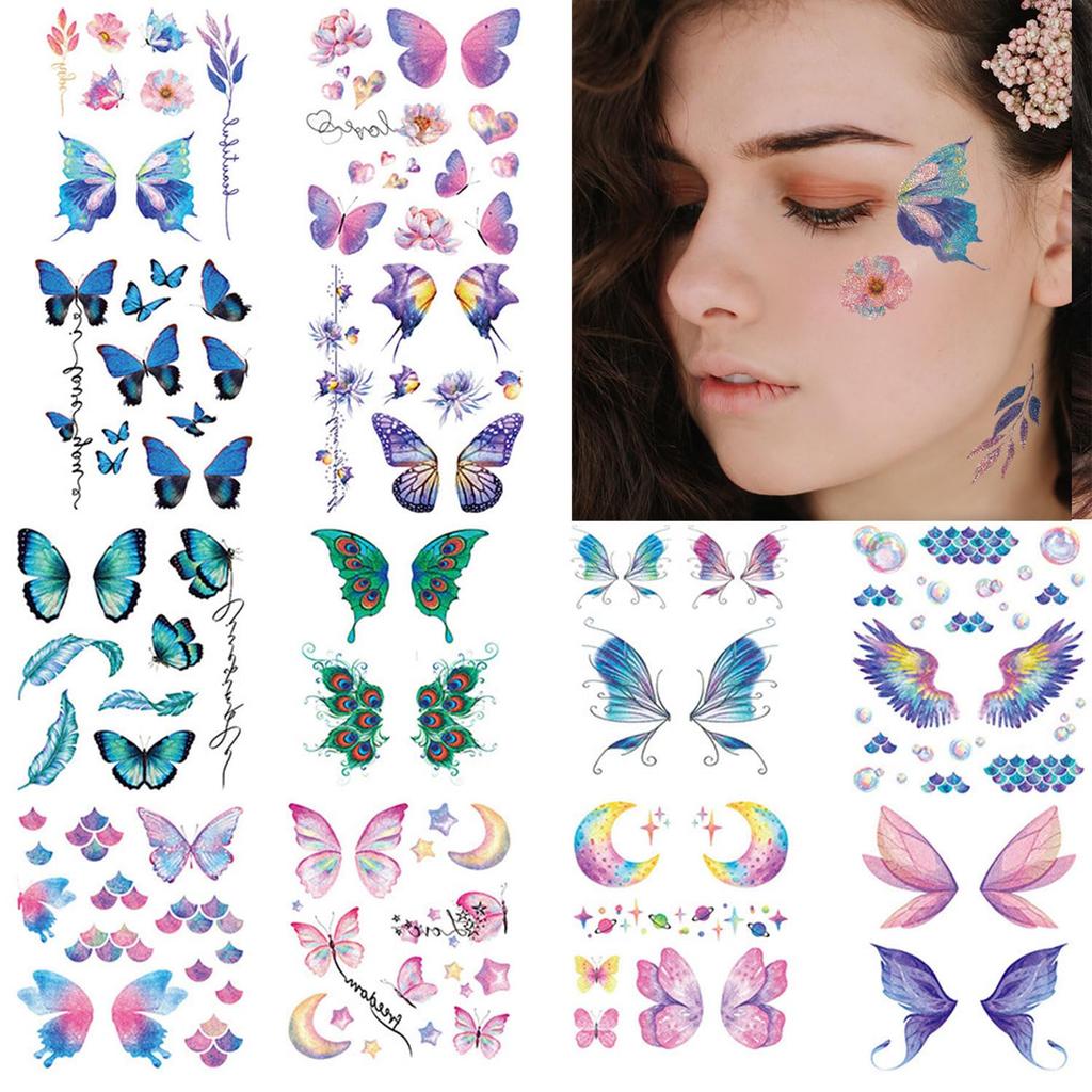 TecoKart 12 Sheets Butterfly Temporary Tattoo For Women, Waterproof Multicolor Mehndi Tattoo Stickers For Hands Face Body, Glitter Tattoo Sticker F