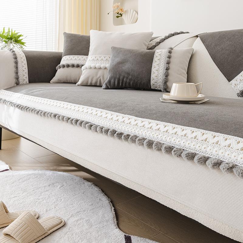 Waterproof Striped Sofa Cushion With Wool Balls Soft Pet Friendly Chenille Anti Slip Sofa Cover Dustproof Corner Couch Covers