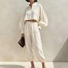 2026 Womens Relaxed Linen Cotton Short Top Elastic Waist Lantern Pants Set Casual Outfit