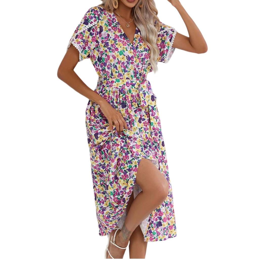 Damenkleider Bedruckt V-Ausschnitt Tailliert Midilänge Kurzarm Unregelmäßige Kleider