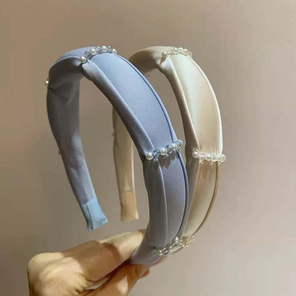 Rose Print Pearls Cloth Hair Hoop Sweet Beige Blue Hair Band Beads Crystal Headband Wedding
