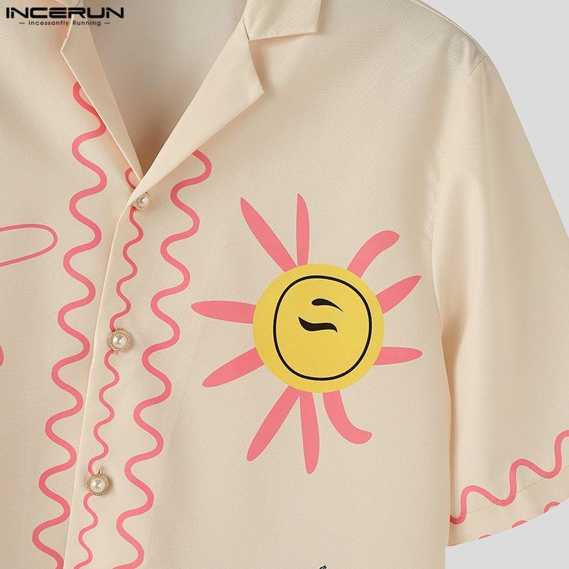INCERUN S-XXXXXL Men Lapel Neck Short Sleeve Cartoon Print Casual Loose Shirts