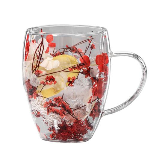 350ML Double Wall Glass Coffee Mug Dries Flower Insulated Glass Cup with Handle Clear Espresso Latte Cappuccino Milk Juice Tea Water Cup
