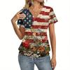 Damen Top mit kurzen Ärmeln und V-Ausschnitt mit Unabhängigkeitstag Flagge und Blumenprint Lässiger lockerer Schnitt Bequemes Shirt