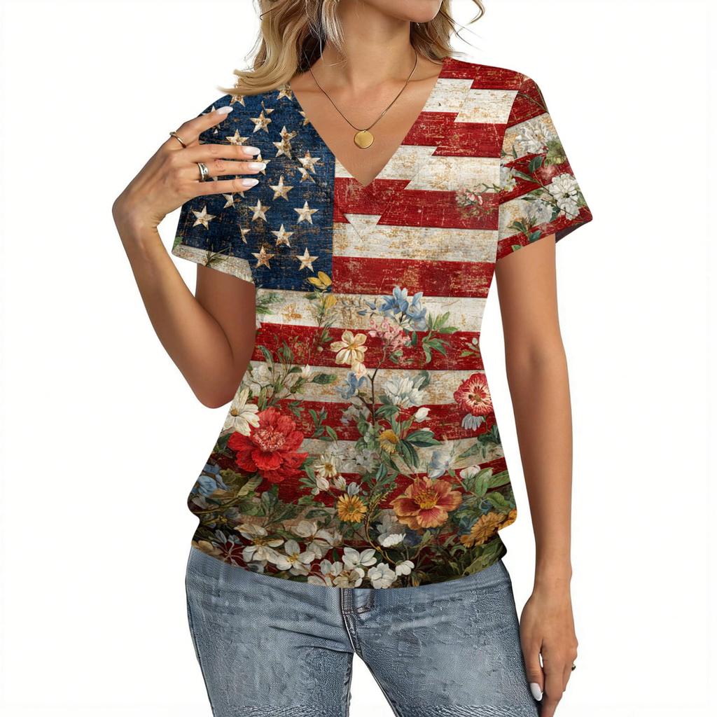 Damen Top mit kurzen Ärmeln und V-Ausschnitt mit Unabhängigkeitstag Flagge und Blumenprint Lässiger lockerer Schnitt Bequemes Shirt