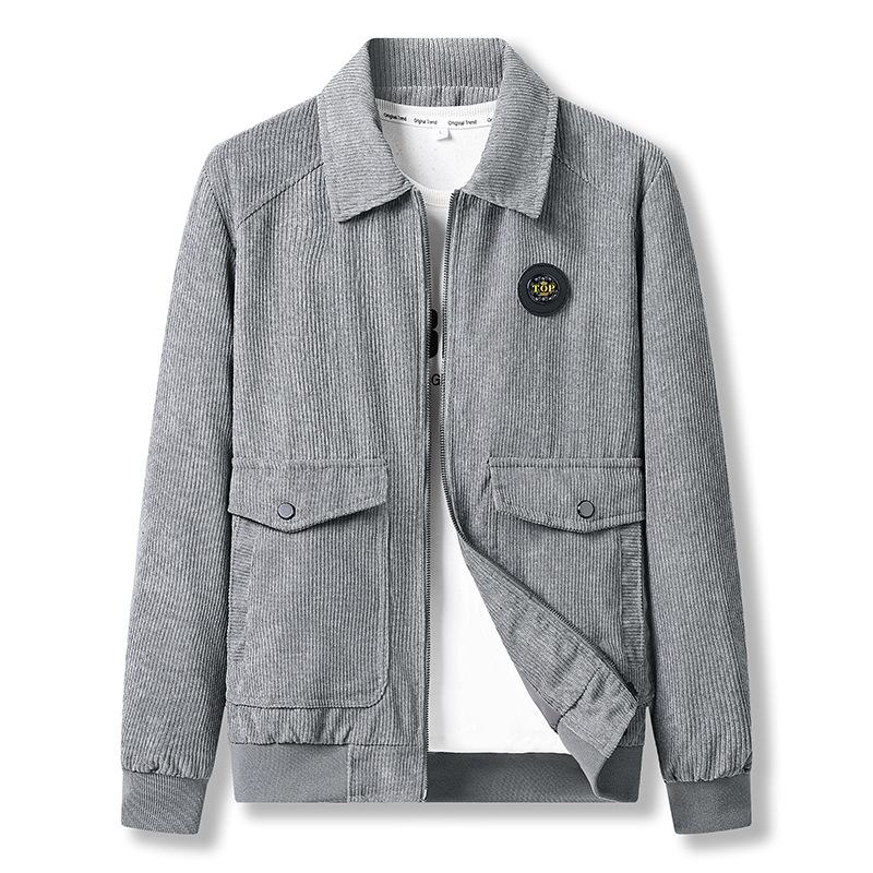 Осень Новая вельветовая куртка мужская мода трендовое мужское пальто весна и осень лацкан тонкая мужская одежда M серый