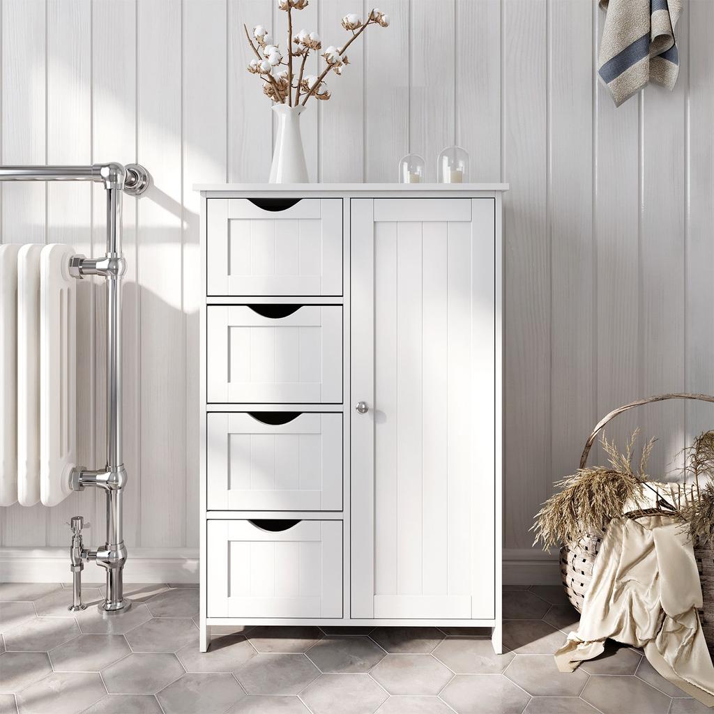 VASAGLE Bathroom Floor Storage Cabinet, Wooden Storage Unit with 4 Drawers, Single Door, Adjustable Shelf, for Living Room, Kitchen, Entryway, White