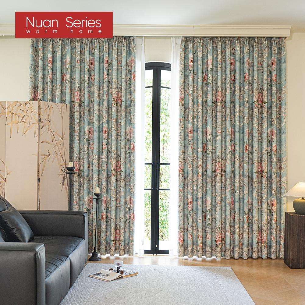 1PC Nuan Series French Idyllic Style Blackout Curtains Blue Bottom Peony Print Curtains Thick Curtains for Bedroom Living Room Window for Home Decor