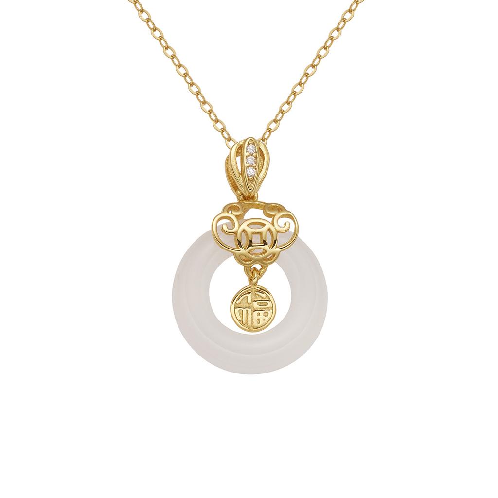 S925 silver blessing character safety buckle necklace chalcedony donut auspicious cloud pendant premium sense collarbone chain