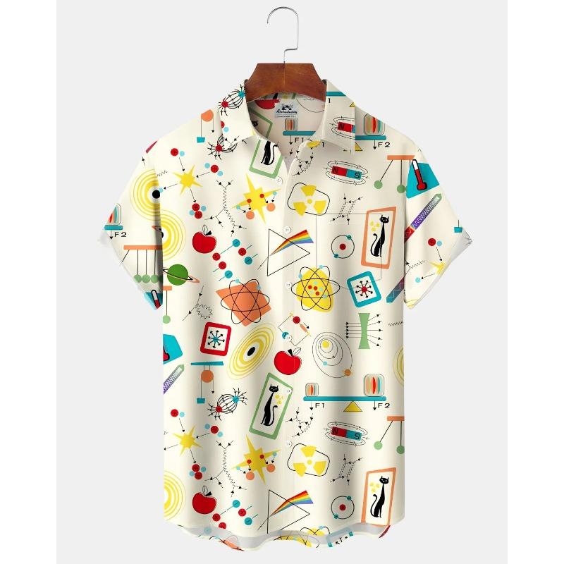 Men's Cute Cat Cartoon Geometric Print Hawaiian Shirt Short Sleeve Casual Beach Vacation Summer Button-Up Top