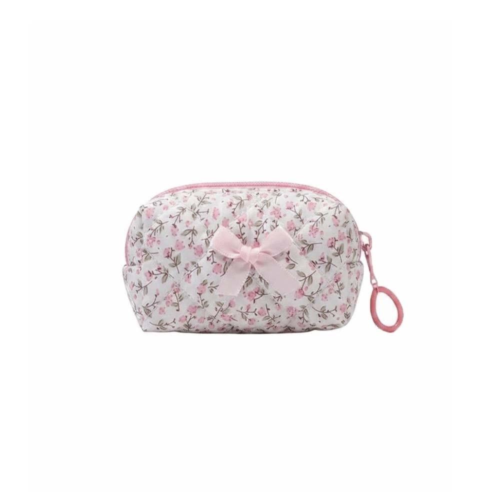 Embroidered Bowknot Quilted Cosmetic Pouch Floral Print Small Coin Purse Teenage Girls