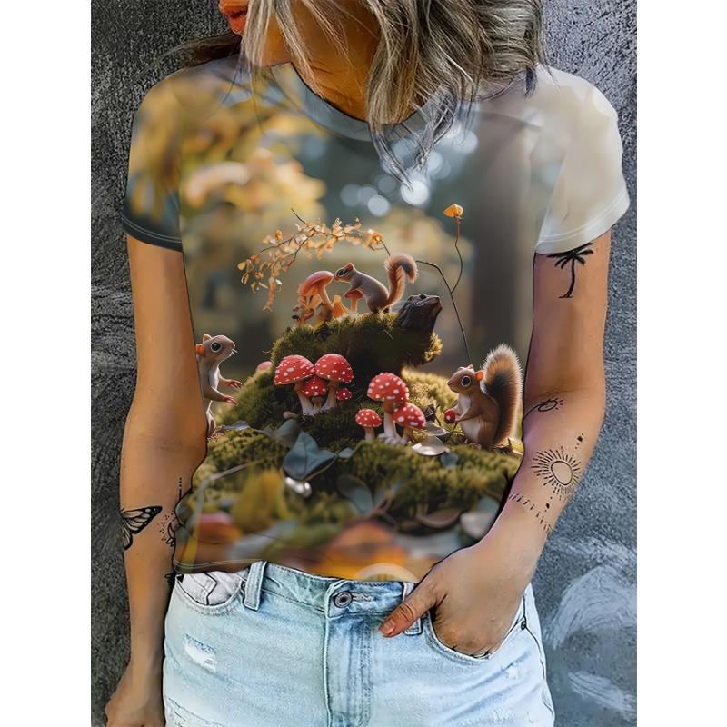Women s short sleeved back print forest scene squirrel mushroom green plant picture dreamy S