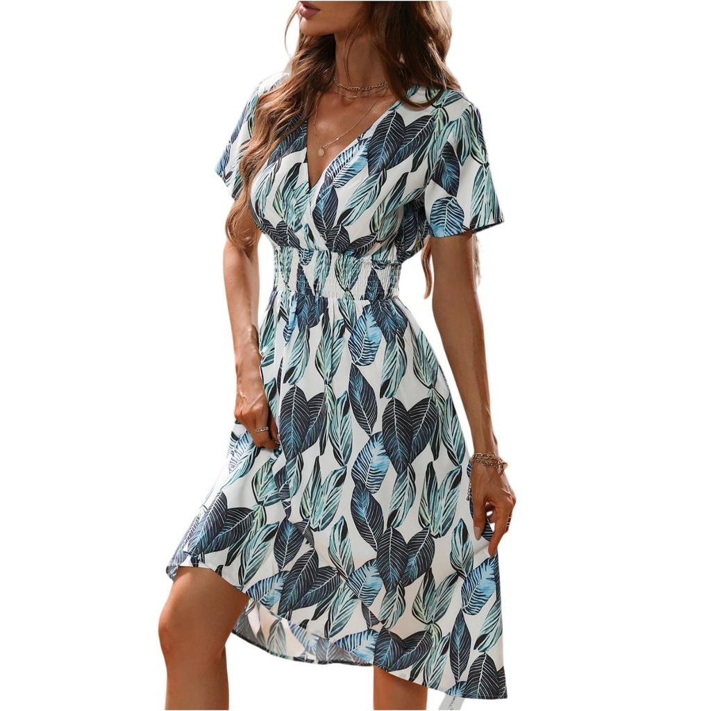 Women's Dresses Casual Small Floral Printed V-Neck Short Sleeve Dresses