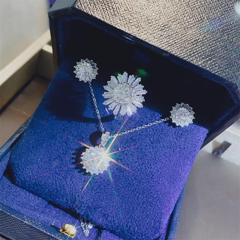D Color Moissanite Sunflower Jewelry Set with Certificate: Ring, Earrings, Pendant, Diamond Tester Pen & Black Card