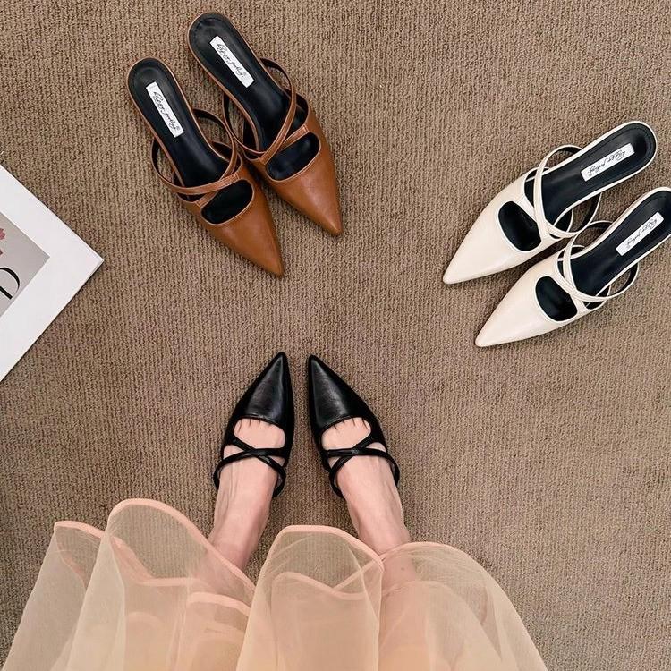 

French Retro Pointed Toe Women s Half Slippers - 2025 Summer Flat Sandals 37