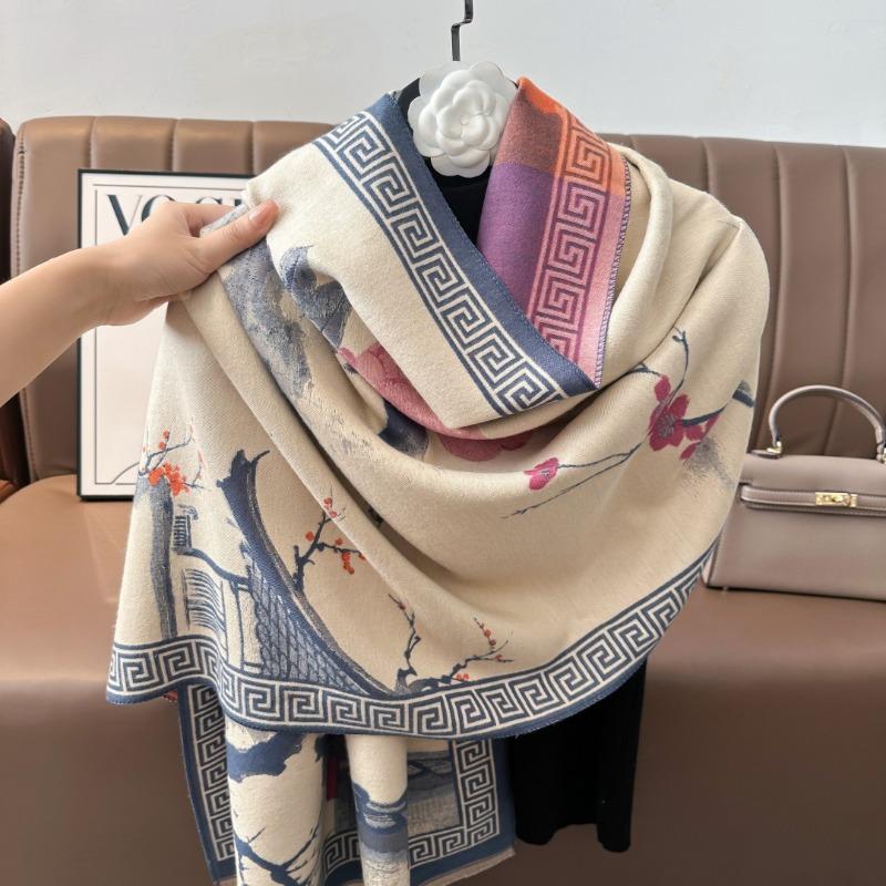 Autumn and winter new imitation cashmere plum blossom retro ink painting style travel photo warm scarf mother shawl outside