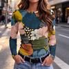 Women's Slim Fit Long Sleeve T-Shirt Vintage Print Round Neck Casual Top for Everyday Wear