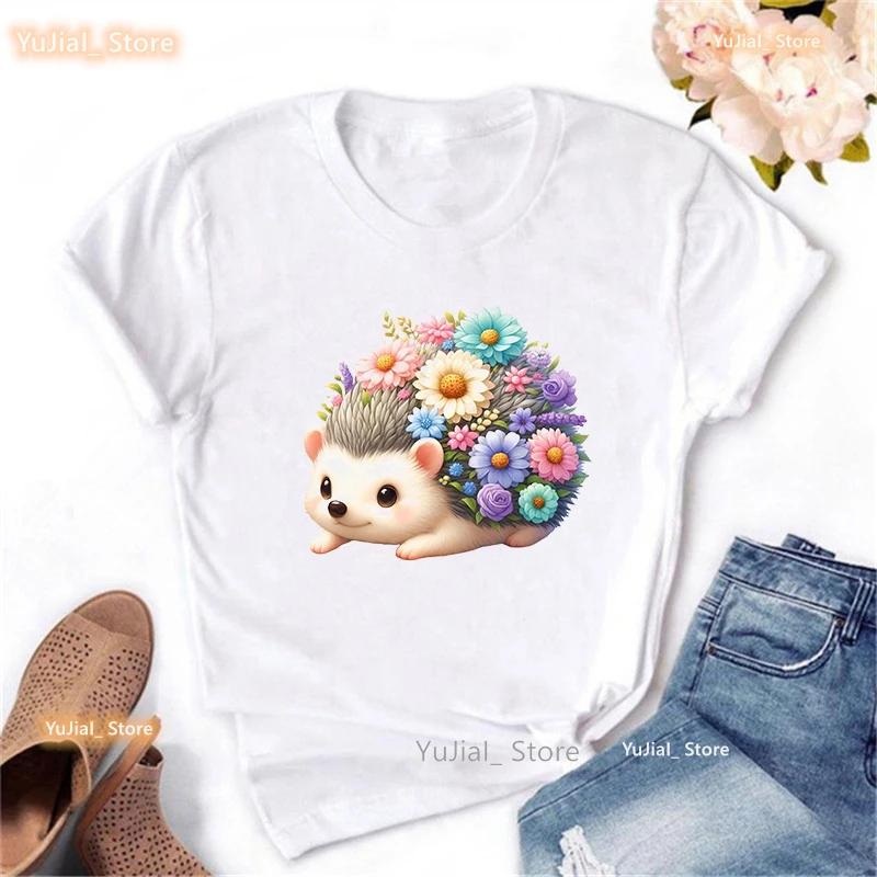 Kawaii Hedgehog Printed T Shirt Girls Summer Fashion Tops Tee Shirt Femme Funny White Tshirt Unisex Harajuku Shirt
