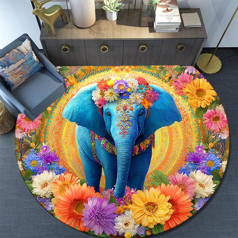 Elephant Round Area Rug,Carpet Rug for Living Room Bedroom Sofa Playroom Decor,Non-slip Floor Mat