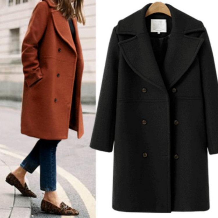 Women Plus Size Winter Woolen Trench Coat Double Breasted Mid Length Autumn Fashion Coat