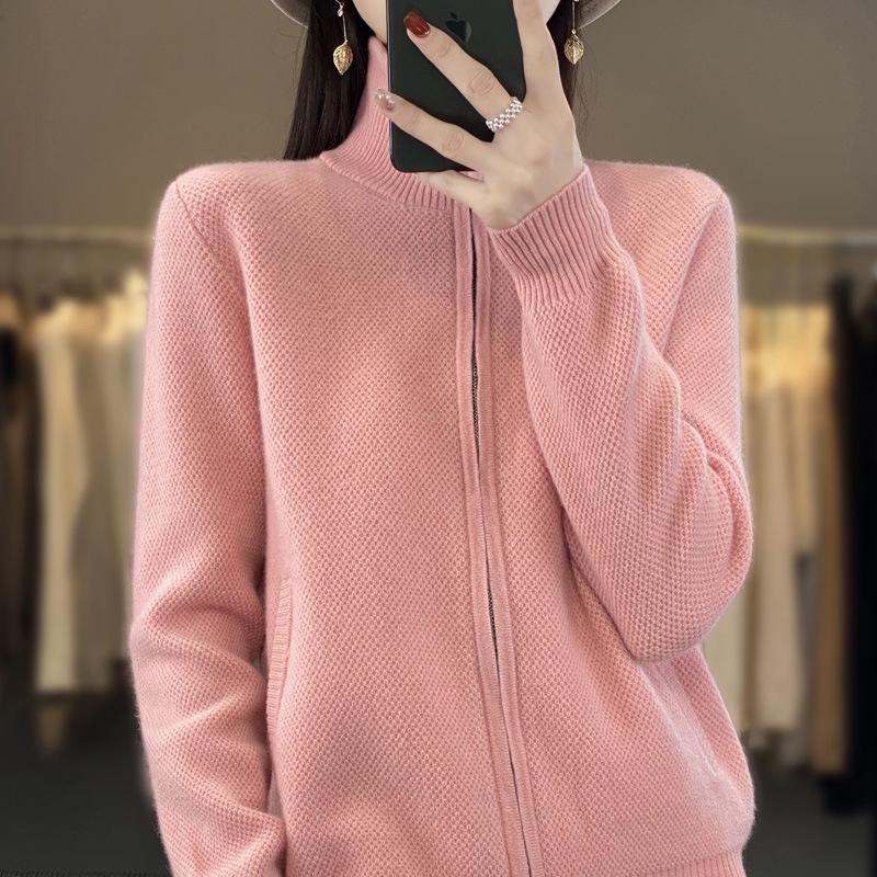 Women's 2025 Korean Style Knit Sweater - Autumn/Winter Half-High Collar Zipper Cardigan, Loose and Cozy
