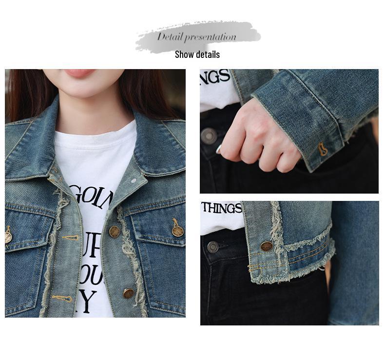 Women's Retro Short Denim Jacket with Polo Collar