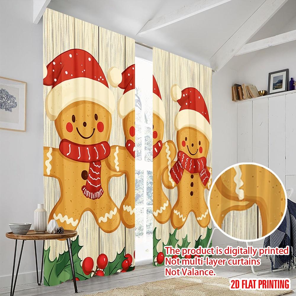 2pcs  2D plane printing Light Filtering Curtains Gingerbread Friends Christmas Holly (2) 100% Polyester (without rod) Festive for