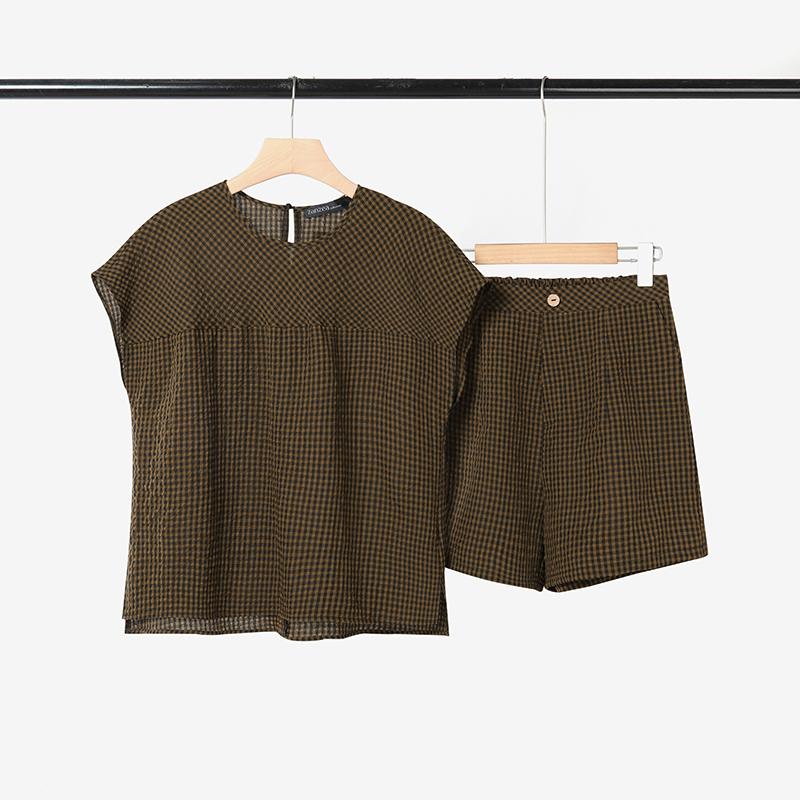 

ZANZEA Women Short Sleeve Blouse and Shorts Casual Plaid Print Two Piece Sets 4XL светло-коричневого