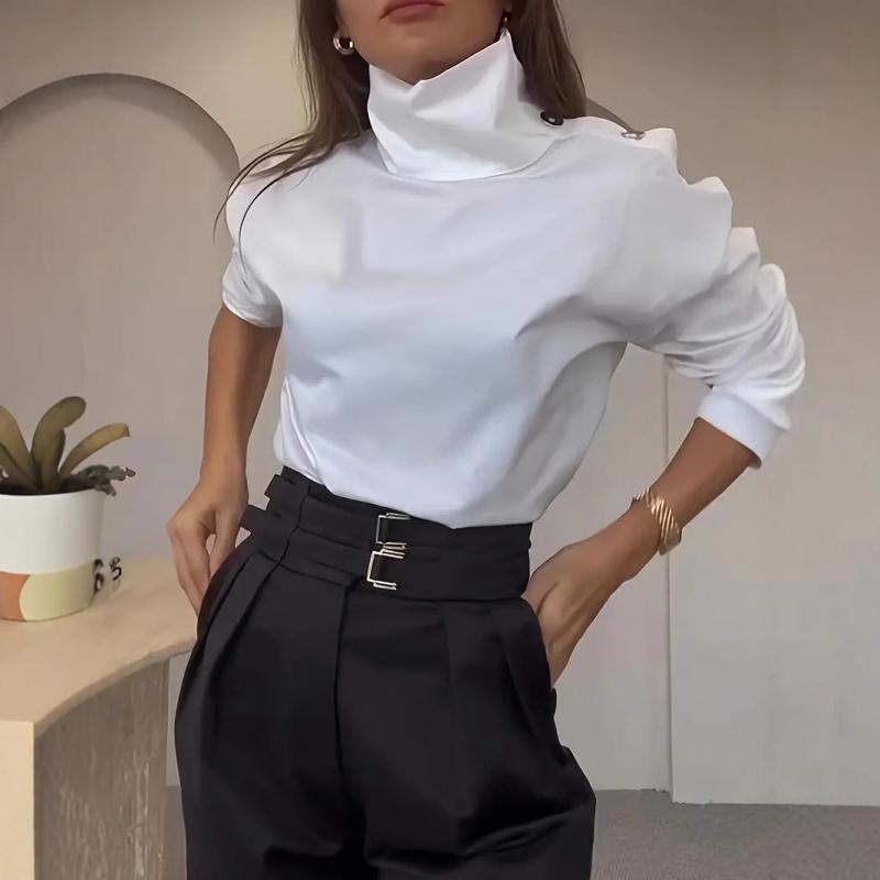 2026 New Elegant High Collar Metal Buckle Off-Shoulder Shirt Top for Women S