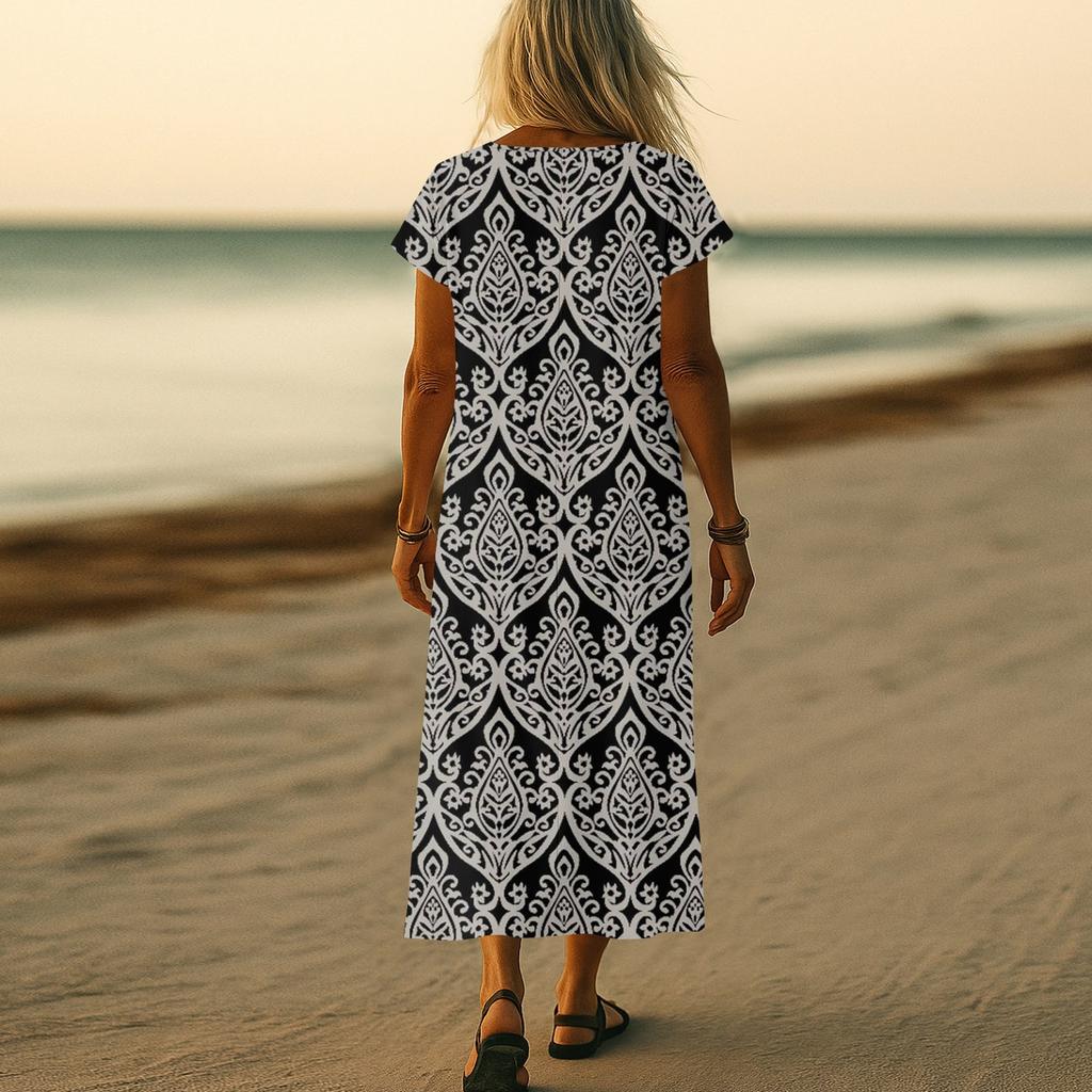 Letní šaty Dámské Dlouhé Boho Plážové šaty Elegantní Maxi šaty Výstřih do V Krátký rukáv Letní Tunikové šaty Lehké Vzdušné