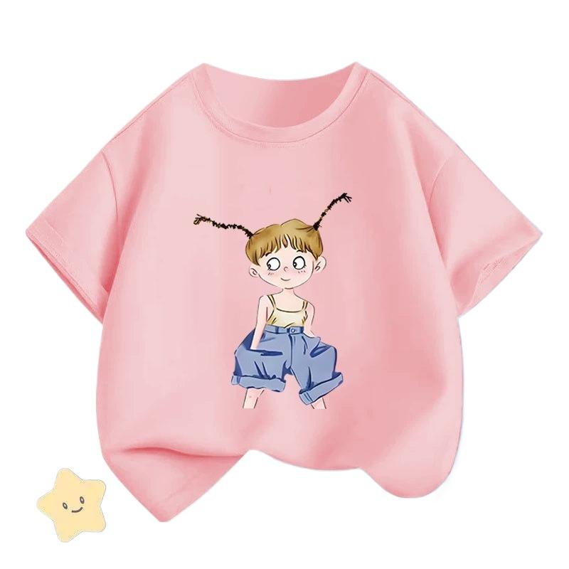 Summer Casual Tshirt for Girls round Neck Half Sleeve Kids Polyester Fabric Fashionable Girl Clothes