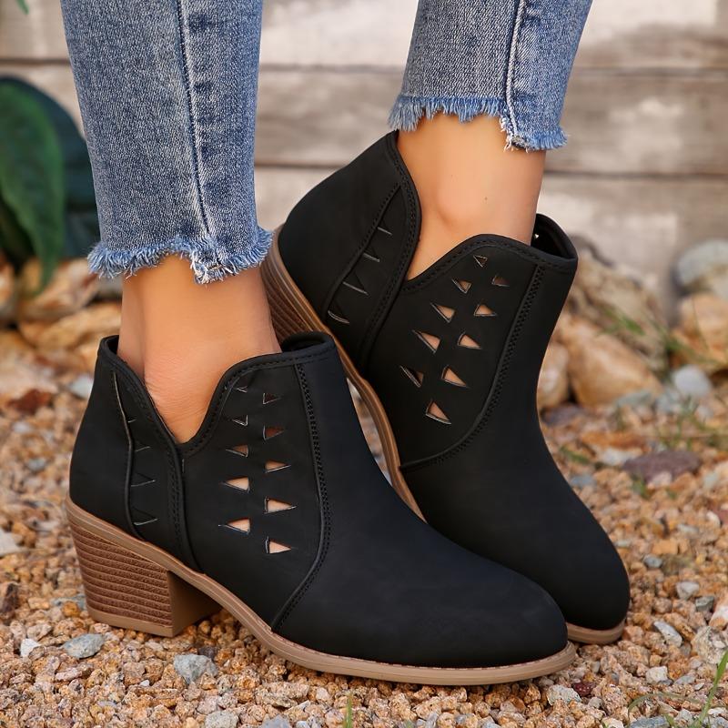 Women's Slip-On Chunky Mid-Heel Ankle Boots with Breathable Cut-Out Design - Round Toe Casual Faux Cover Booties, Fabric Lined