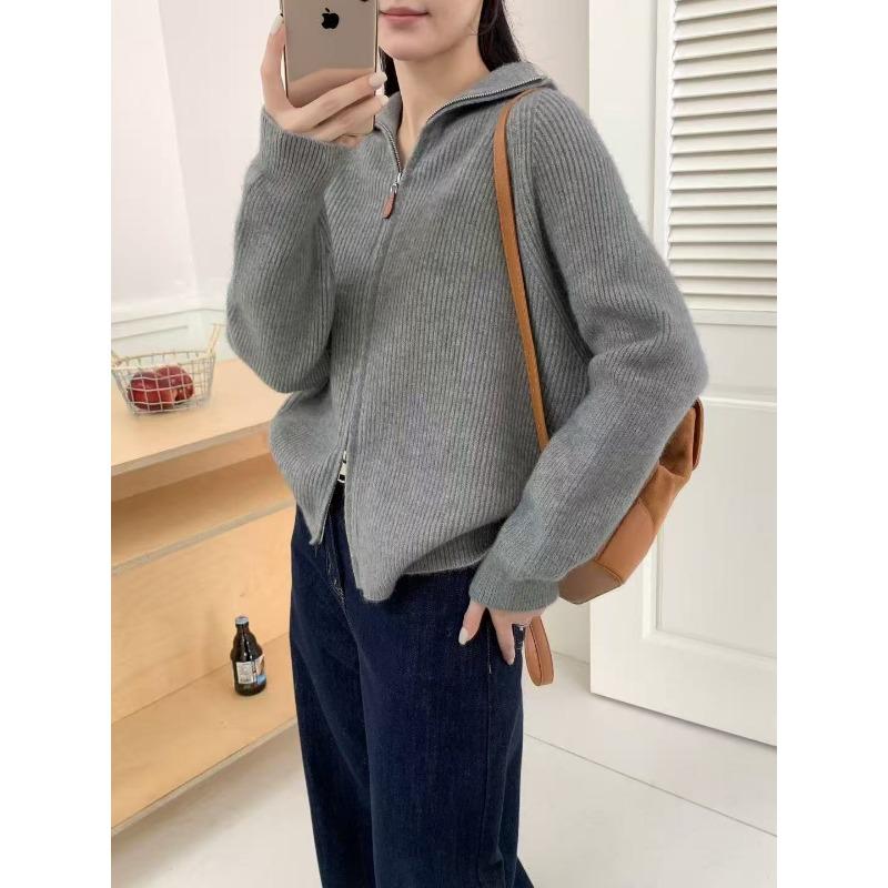 Premium lapel solid color knitted cardigan for women's autumn and winter new casual double zipper sweater jacket for women