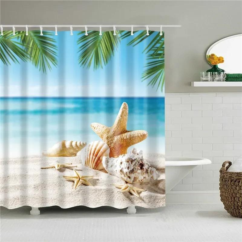 3D Scenic Landscape Seaside Beach Trees Flowers Shell Bath Curtain Shower Curtains for Bathroom Waterproof Polyester Frabic Hook