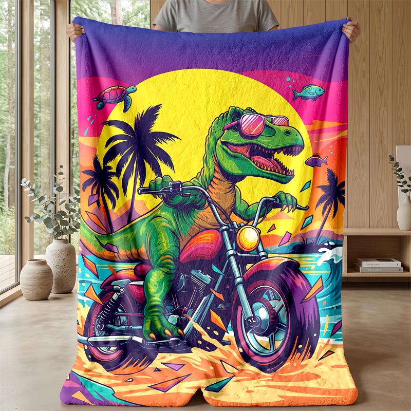 Surfing Dinosaur Wave Theme Blanket Lightweight Warm Flannel Blanket Decorative Throw Blanket for Home Decoration
