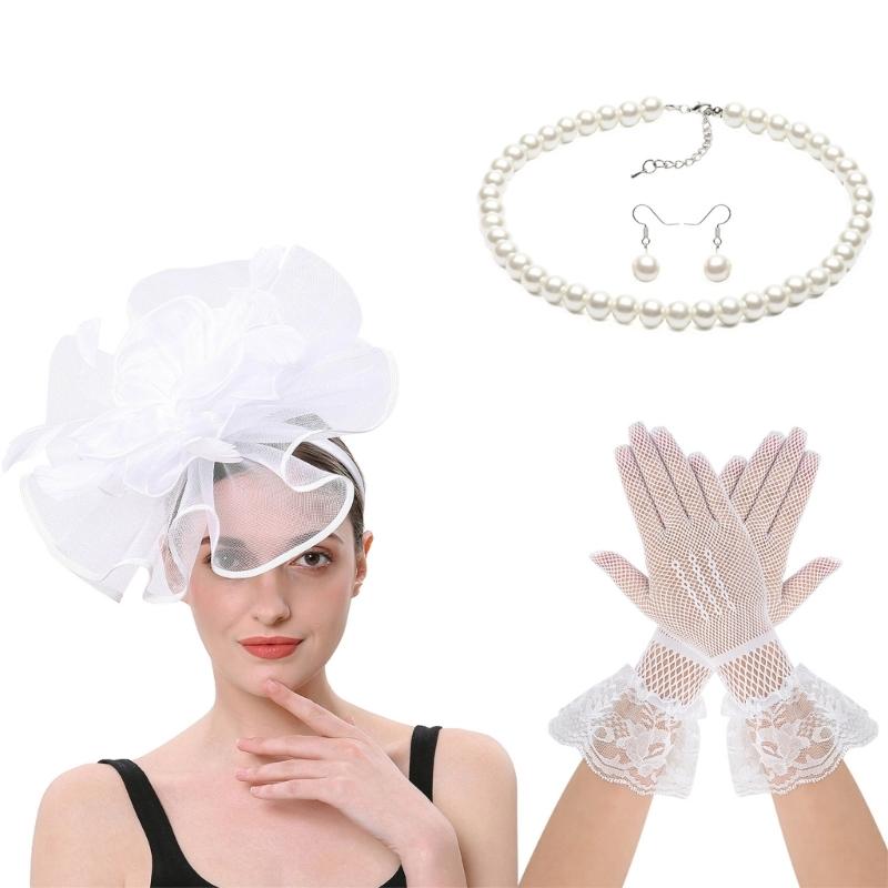 Vintage 1920s Flapper Cosplay Accessories Feathered Headband Necklace Earring Gloves for Women Wedding Halloween Proms белый