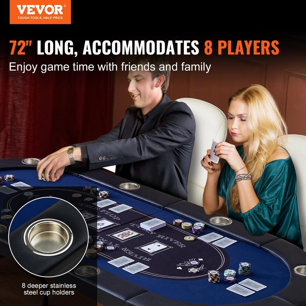 8 Player Foldable Poker Table, Blackjack Texas Holdem Poker Table with Padded Rails and Stainless Steel Cup Holders, Portable Folding Card Board Game