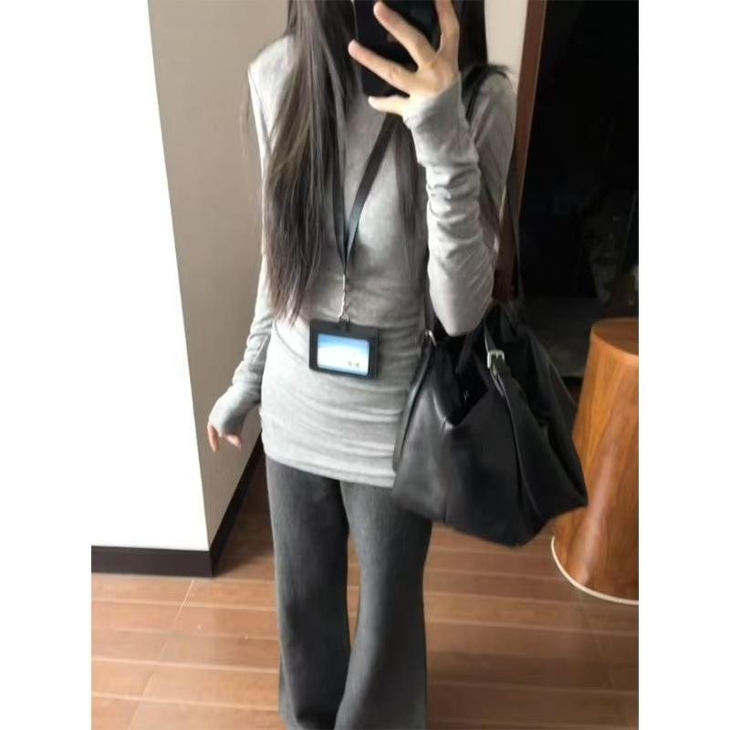 

Women s Autumn/Winter 2026 Long Sleeve German Fleece Mid-length Slim Fit T-shirt L сірий колір