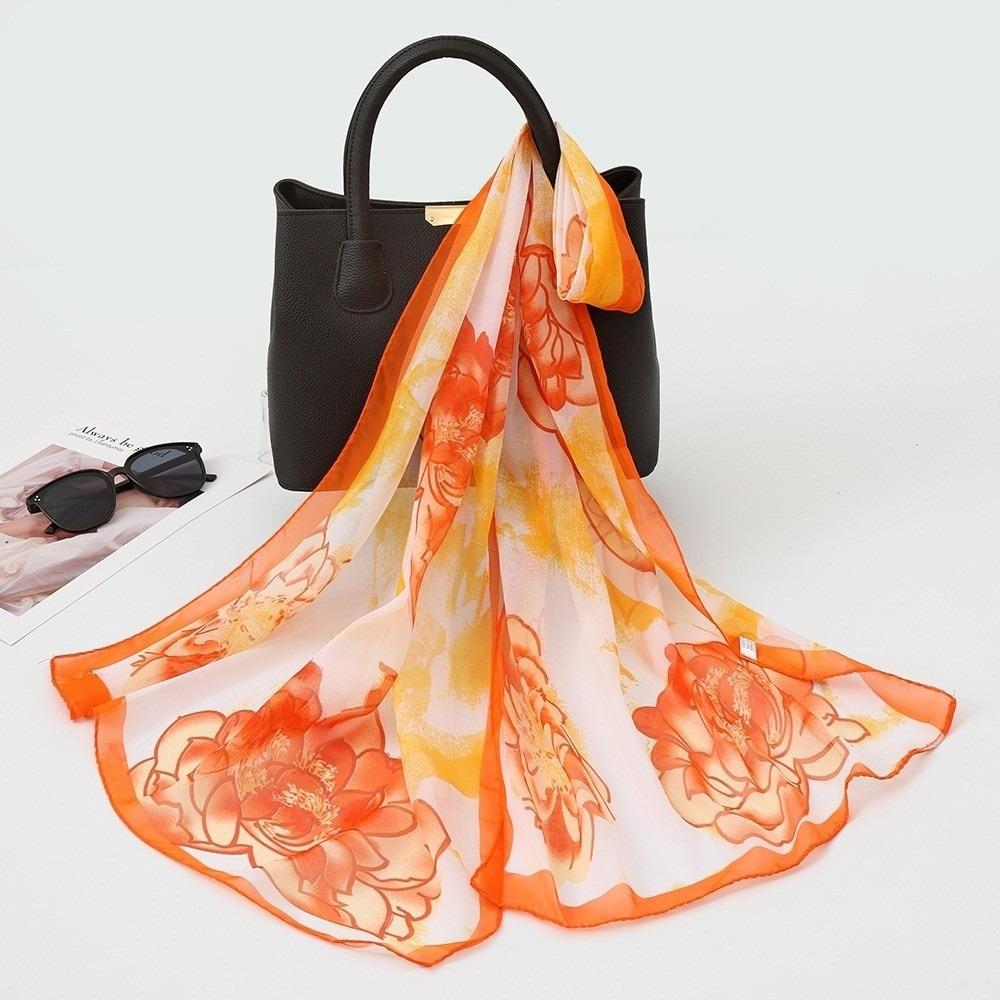 New Chiffon Printed Silk Scarf Floral Lotus Thin Long Silk Scarf Breathable Beach Travel Photography Shawl