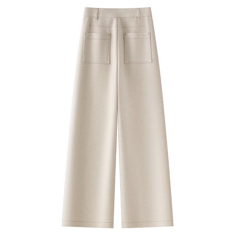 Women's 2024 Beige Cashmere Wide-Leg Pants - Autumn/Winter Style, Drapey Wool Straight-Leg Casuals.