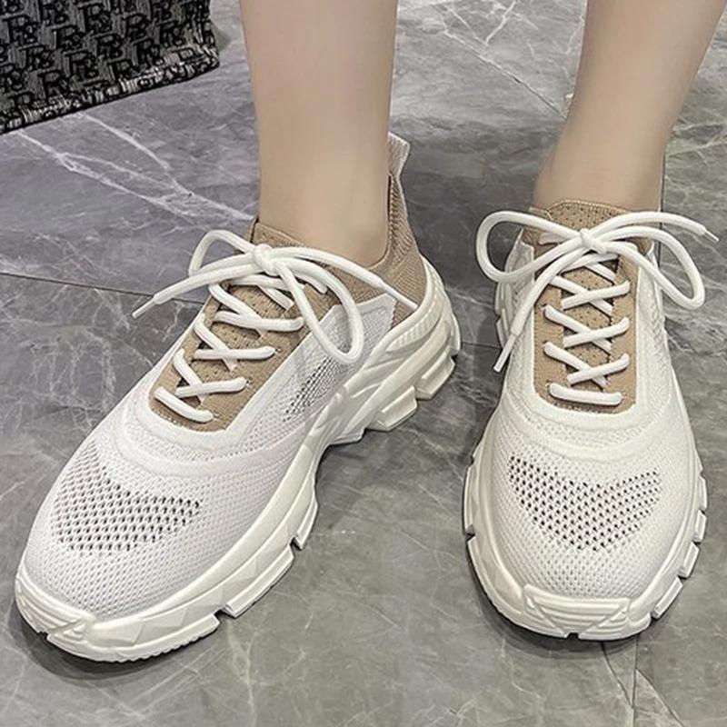 Fashion Comfortable Breathable Mesh Sports Women Spring Autumn Wear-Resistant Thick Platform Sneakers Woman Solid Lace Up Shoes Lady