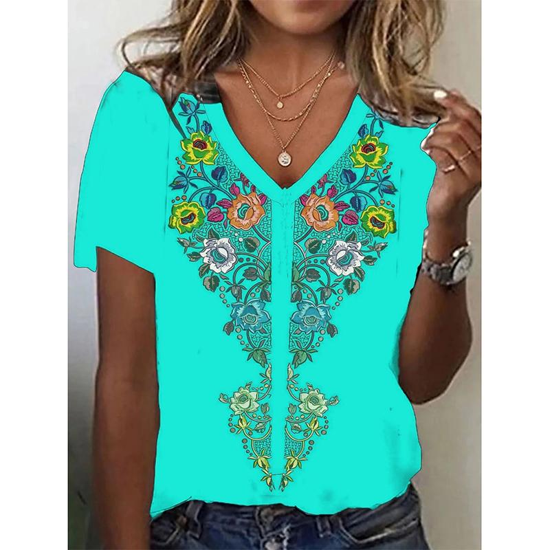 

Women s T-shirt floral 3D printed retro V-neck short sleeved shirt 5XL