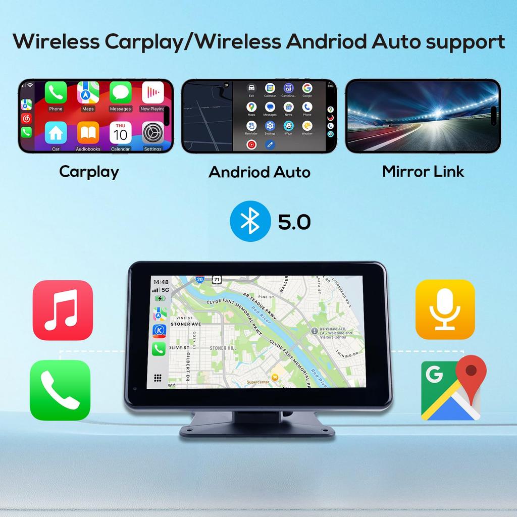 Portable Wireless Apple Carplay Screen for Car,7 Inch Car Stereo Wireless Carplay & Android Auto