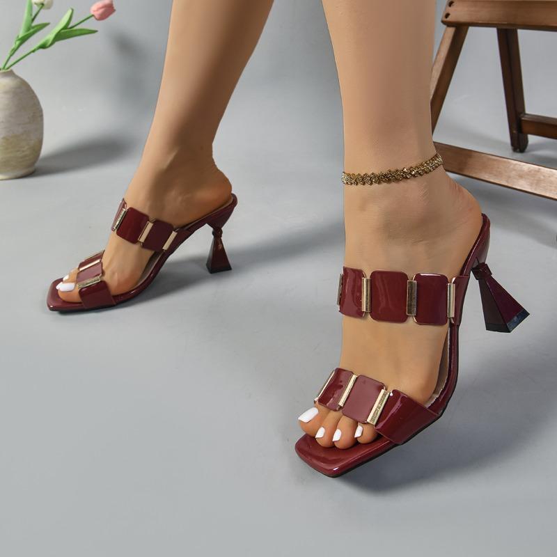 Fashion Stiletto Flip-Flops Women Summer New Square Toe Open Toe Metal Decoration Non-Slip Wear-Resistant Outer Wear High Heel Sandals
