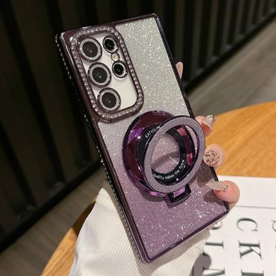 Prabangus Magnetinis Padengtas Stovas Smūgiams Atsparus Dėklas Samsung Galaxy S25 S24 S23 S22 Ultra Plus S24 FE Blizgantis Deimantinis Galinis Dangtelis